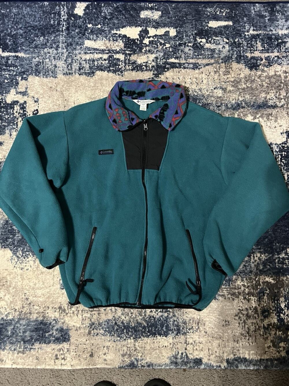 Size L-VTG 90s Menโs Columbia Aztec Ski Full Zip Fleece Jacket Made In USA Teal